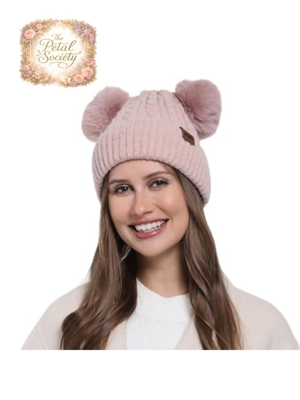 Faux Fur Double Pom Pom Beanie Knit Winter Hat Fleece Lined Warm